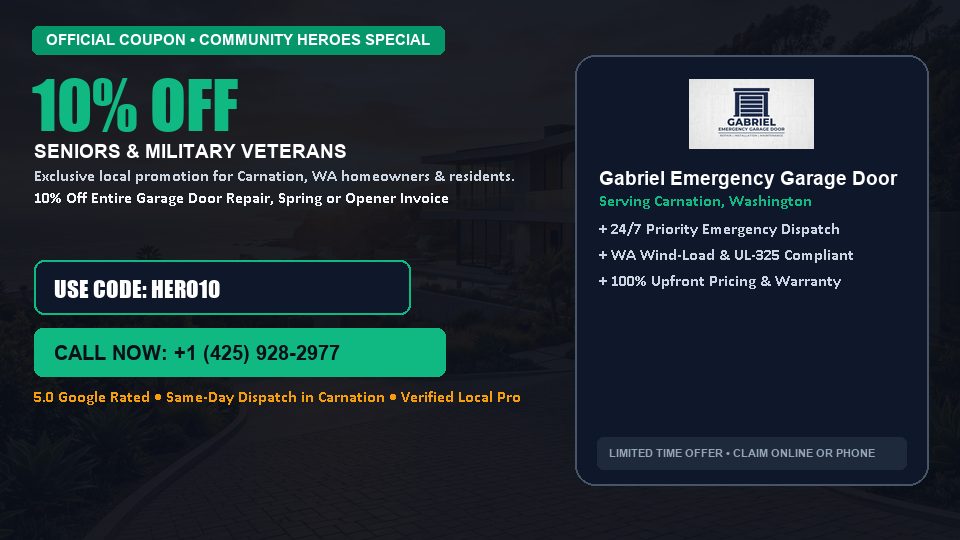 Gabriel Emergency Garage Door 10% OFF Seniors & Military Veterans in Carnation, WA